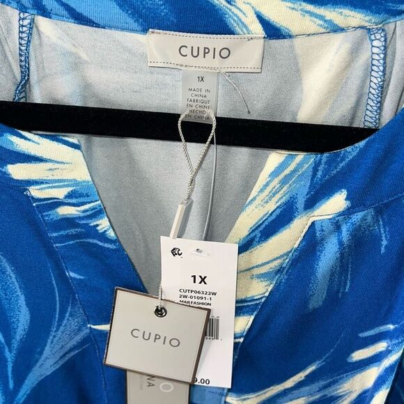 Cupio Flutter Sleeve Blouse Top Women’s 1XL Blue White Tropical Pullover VNeck - Picture 3 of 6